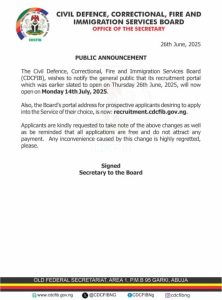 CDCFIB public announcement on recruitment portal date change, June 2025
